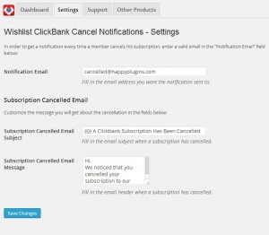 Wishlist ClickBank Cancel Notifications - Settings