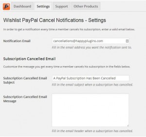 Wishlist PayPal Cancel Notifications Settings