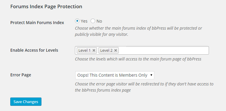 Main bbPress Forum Page Protection Settings