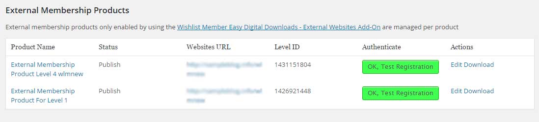 Wishlist Member Easy Digital Downloads External Membership Products Table