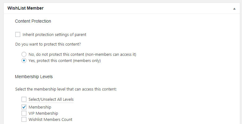 Wishlist Member Protection Settings Meta Box